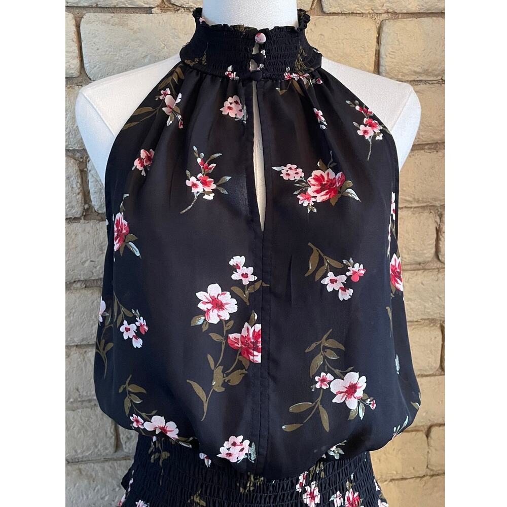Black Floral Smocked Halter Maxi Dress Sleeveless Summer Dress Size Large - Picture 6 of 8
